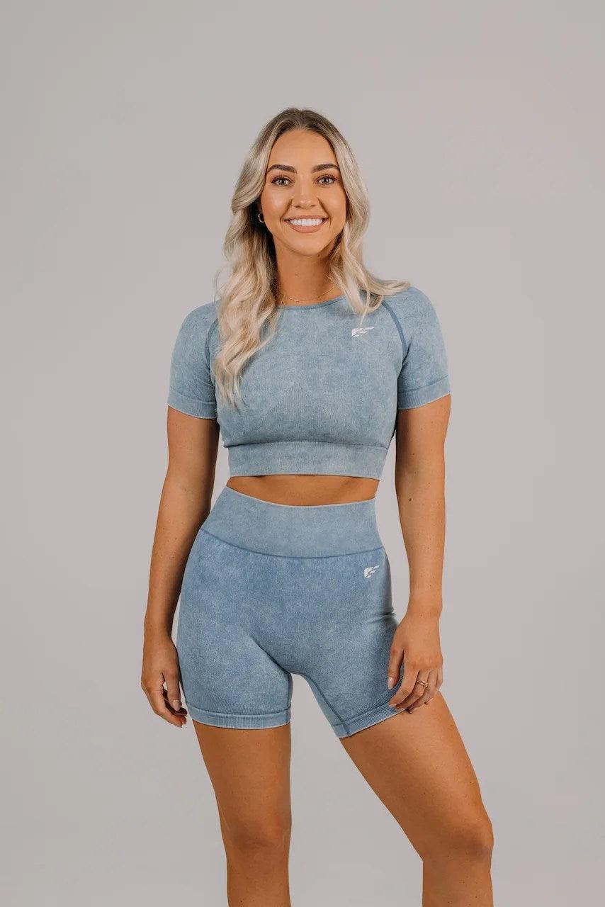 Apex seamless shorts for women azure blue front view