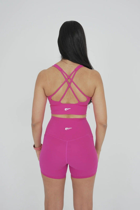 High-waisted dragonfruit womens shorts back view